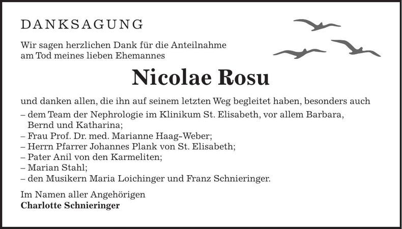 Traueranzeige Nicolae Rosu