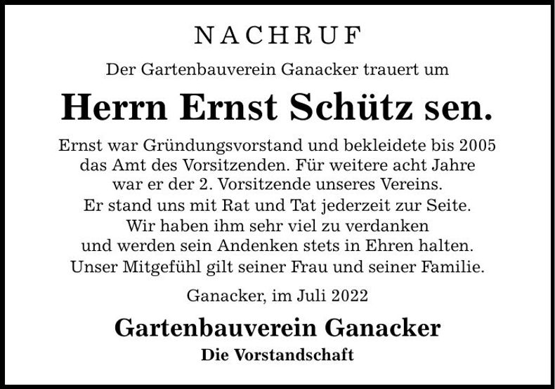 Traueranzeige Ernst Schütz