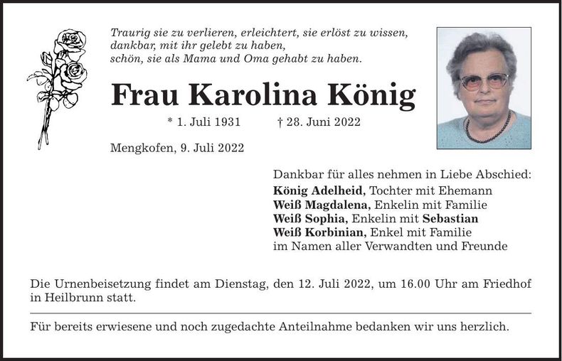 Traueranzeige Karolina König