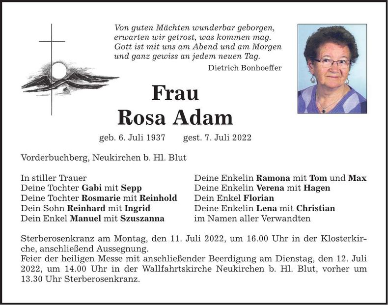 Traueranzeige Rosa Adam