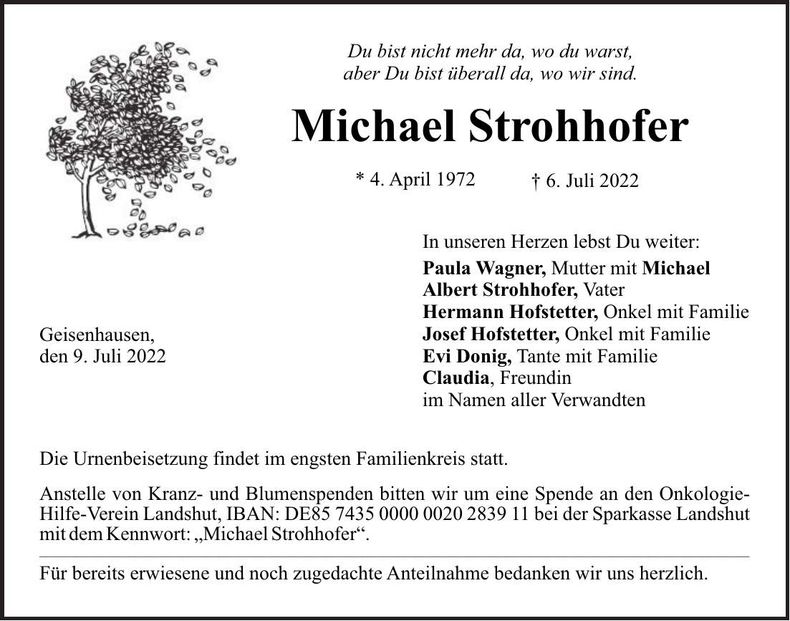 Traueranzeige Michael Strohhofer