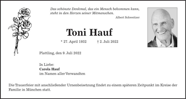 Traueranzeige Toni Hauf