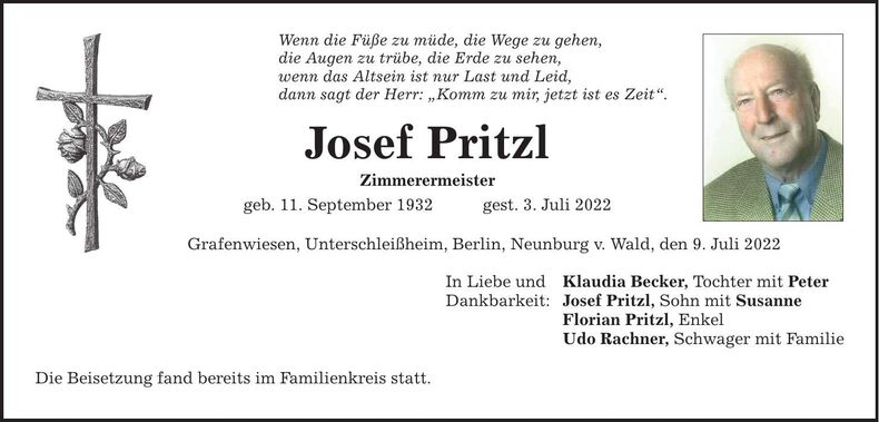 Traueranzeige Josef Pritzl