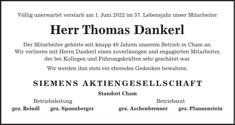 Traueranzeige Thomas Dankerl