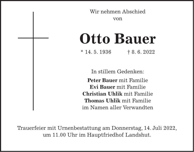 Traueranzeige Otto Bauer