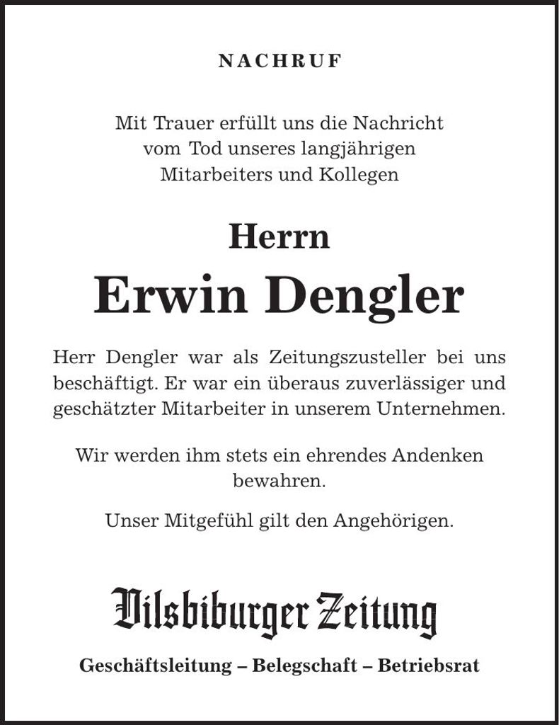 Traueranzeige Erwin Dengler