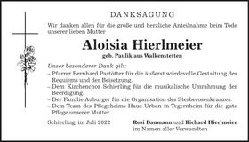 Traueranzeige Aloisia Hierlmeier