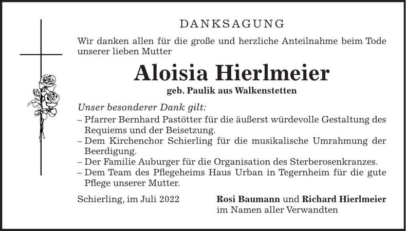 Traueranzeige Aloisia Hierlmeier