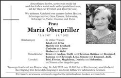 Traueranzeige Maria Oberpriller
