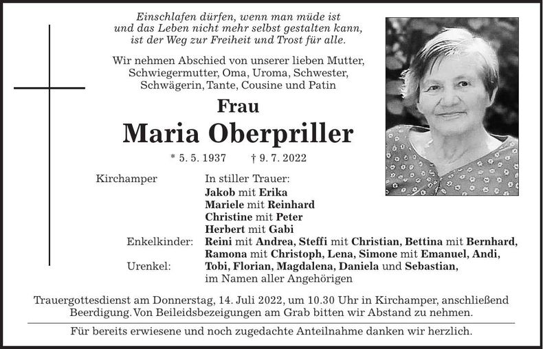 Traueranzeige Maria Oberpriller