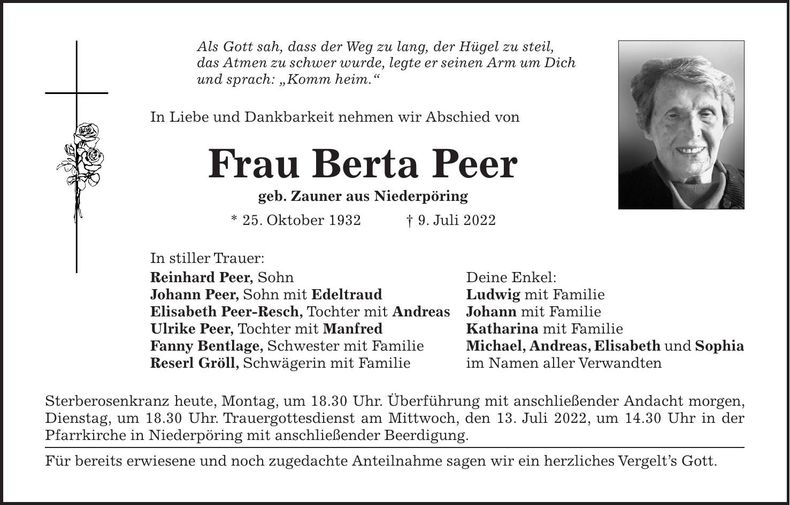 Traueranzeige Berta Peer