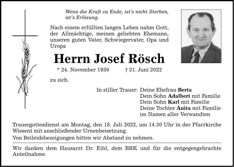 Traueranzeige Josef Rösch