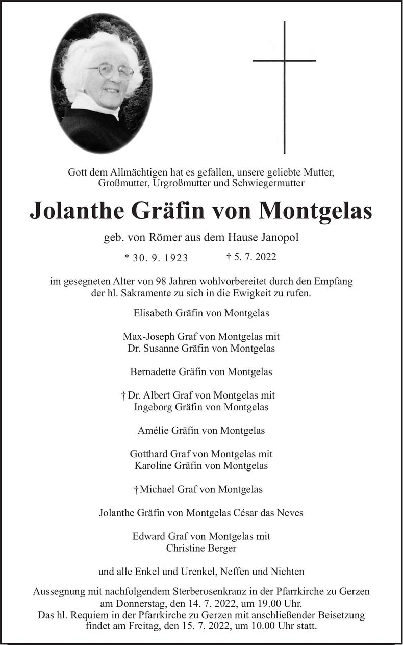 Traueranzeige Jolanthe Gräfin von Montgelas