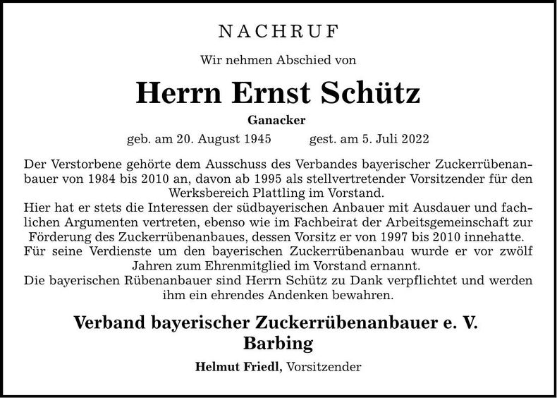 Traueranzeige Ernst Schütz