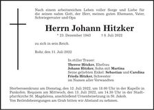Traueranzeige Johann Hitzker
