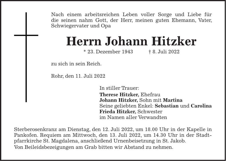 Traueranzeige Johann Hitzker