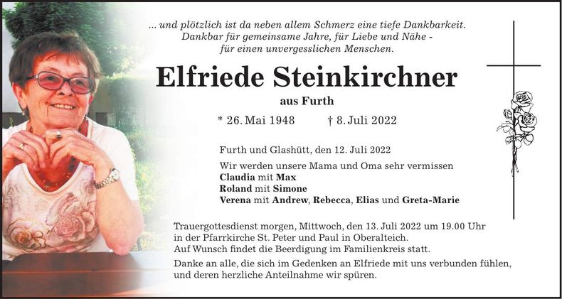 Traueranzeige Elfriede Steinkirchner