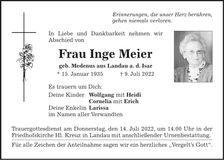 Traueranzeige Inge Meier