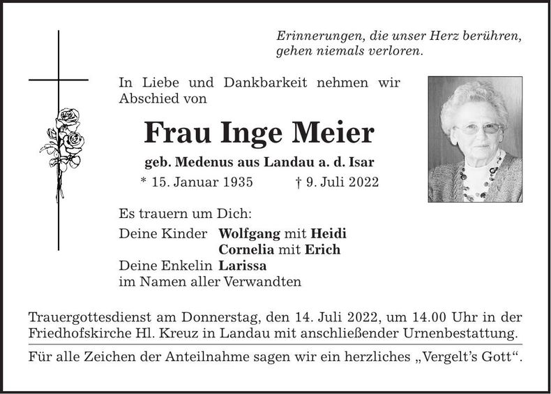 Traueranzeige Inge Meier