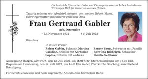Traueranzeige Gertraud Gabler