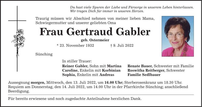 Traueranzeige Gertraud Gabler
