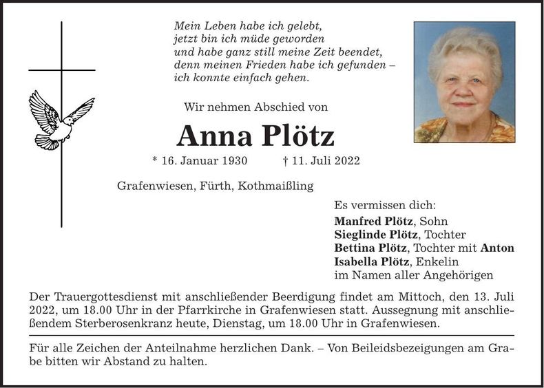 Traueranzeige Anna Plötz