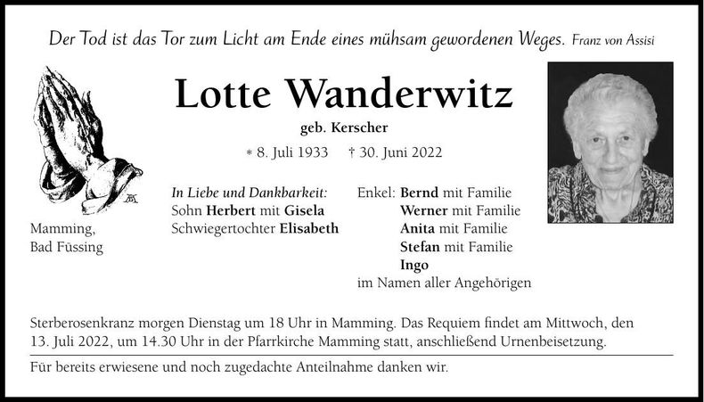 Traueranzeige Lotte Wanderwitz