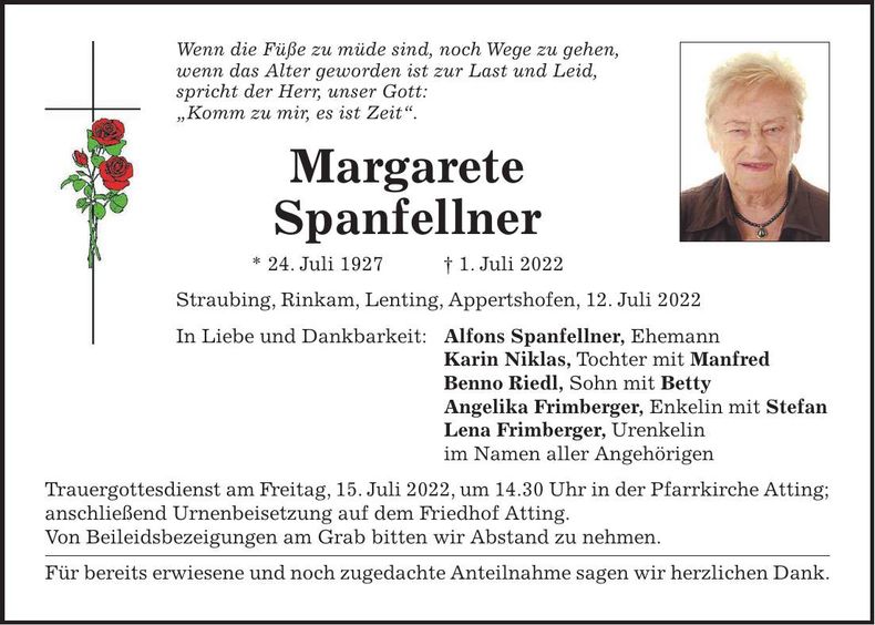Traueranzeige Margarete Spanfellner