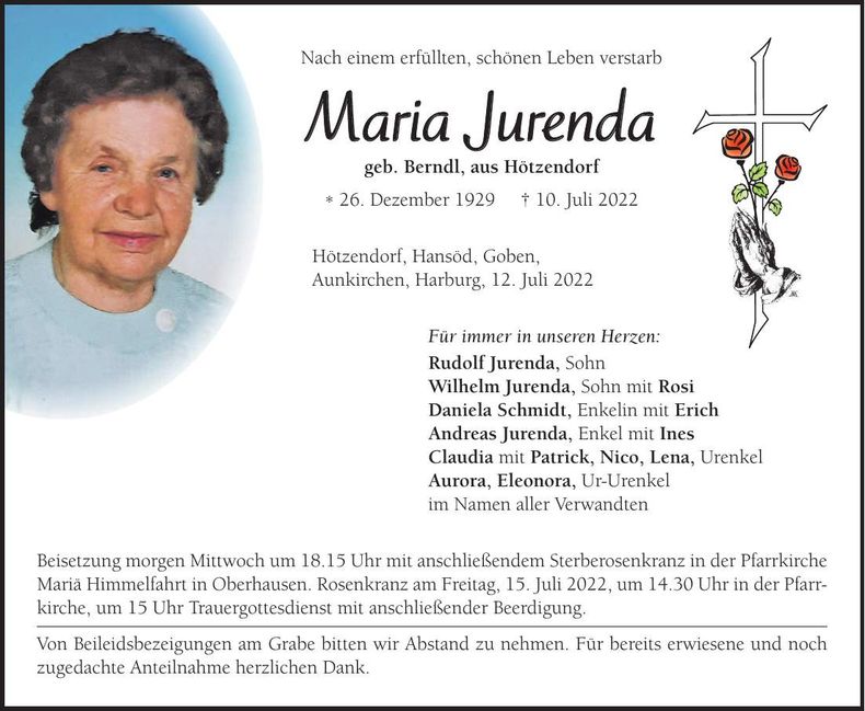 Traueranzeige Maria Jurenda