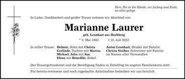 Traueranzeige Marianne Laurer