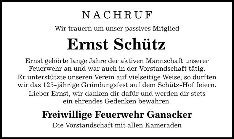 Traueranzeige Ernst Schütz