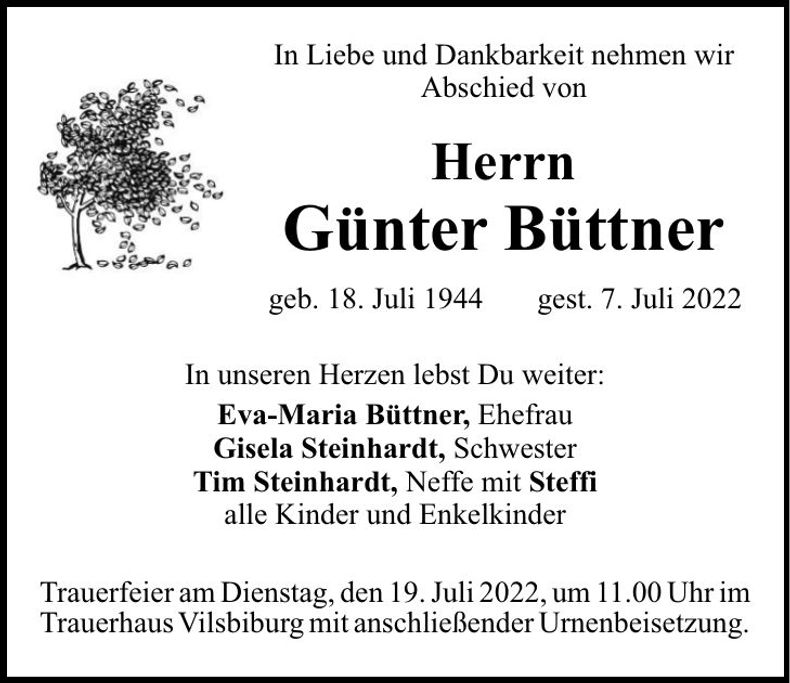Traueranzeige Günter Büttner