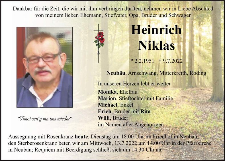 Traueranzeige Heinrich Niklas