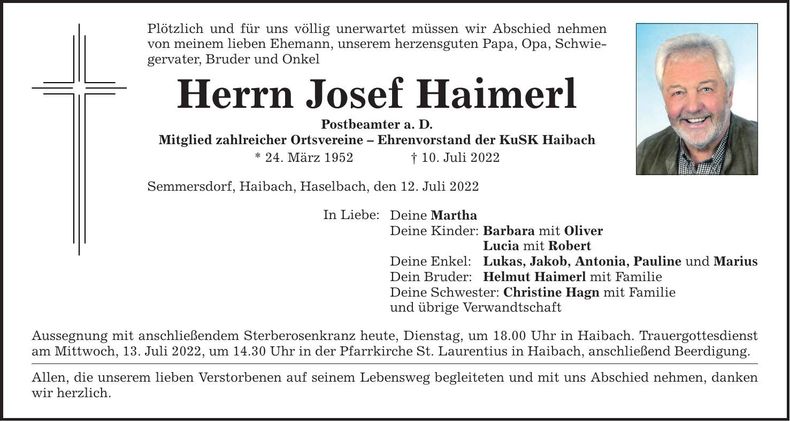 Traueranzeige Josef Haimerl