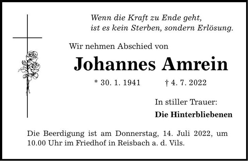 Traueranzeige Johannes Amrein