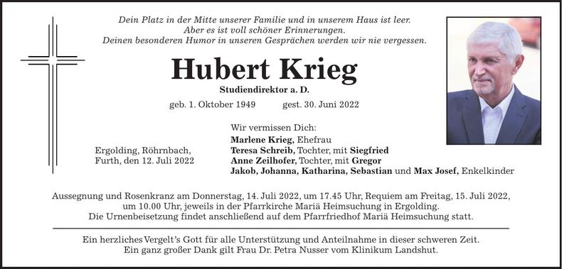 Traueranzeige Hubert Krieg