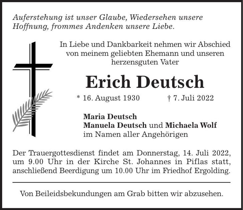 Traueranzeige Erich Deutsch