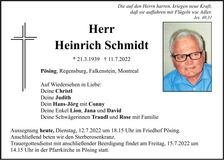 Traueranzeige Heinrich Schmidt