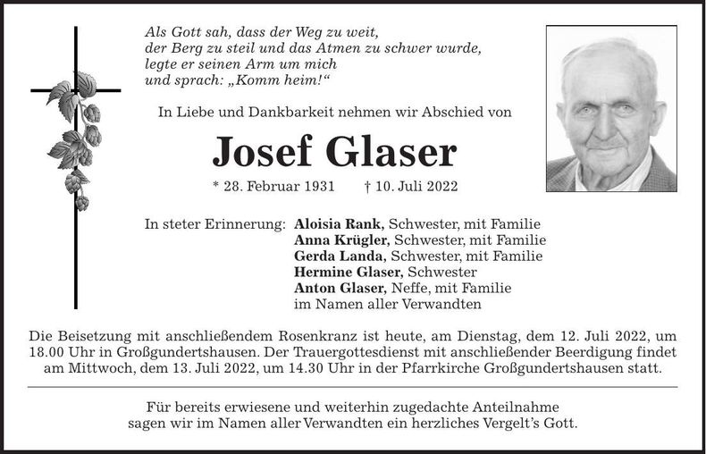 Traueranzeige Josef Glaser