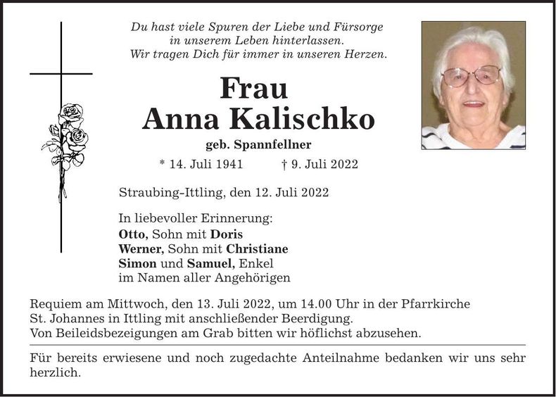 Traueranzeige Anna Kalischko