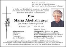 Traueranzeige Maria Abeltshauser