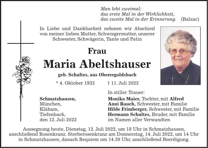 Traueranzeige Maria Abeltshauser