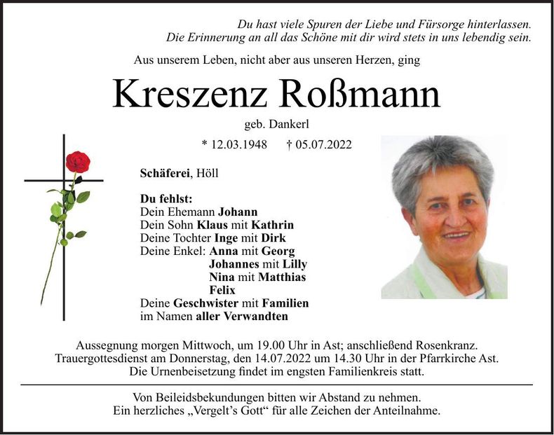 Traueranzeige Kreszenz Roßmann
