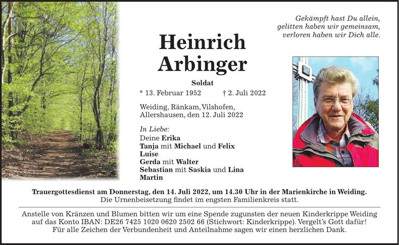 Traueranzeige Heinrich Arbinger