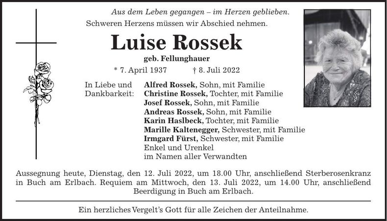 Traueranzeige Luise Rossek