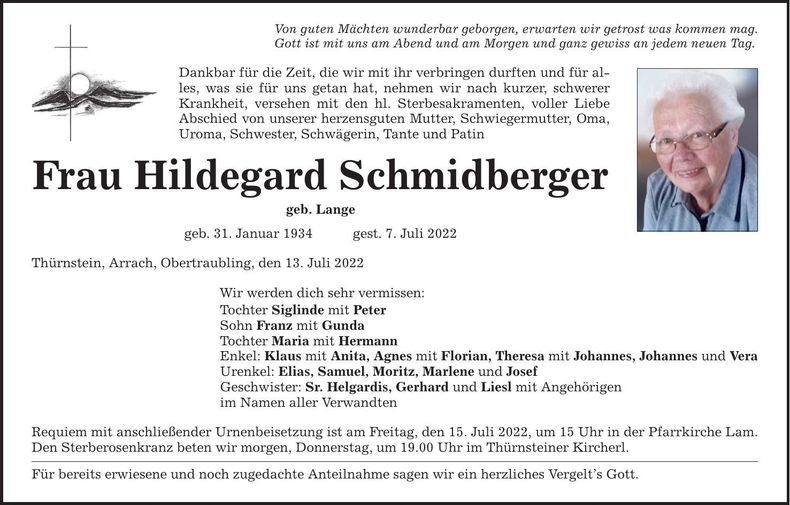 Traueranzeige Hildegard Schmidberger