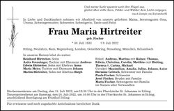 Traueranzeige Maria Hirtreiter