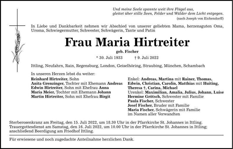 Traueranzeige Maria Hirtreiter