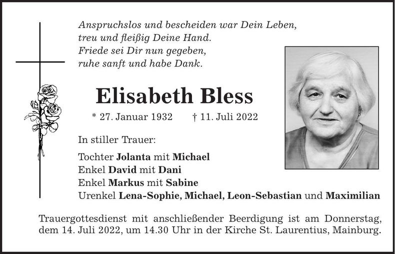 Traueranzeige Elisabeth Bless