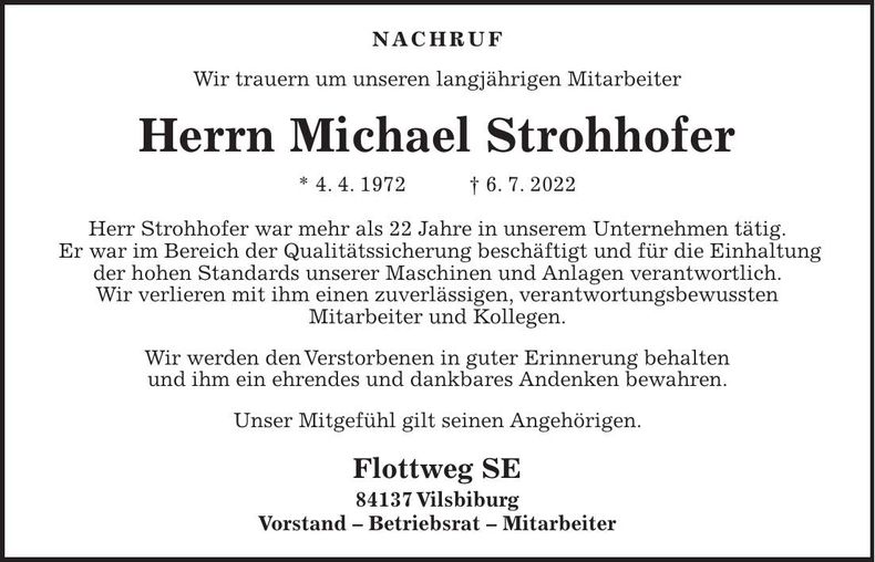 Traueranzeige Michael Strohhofer
